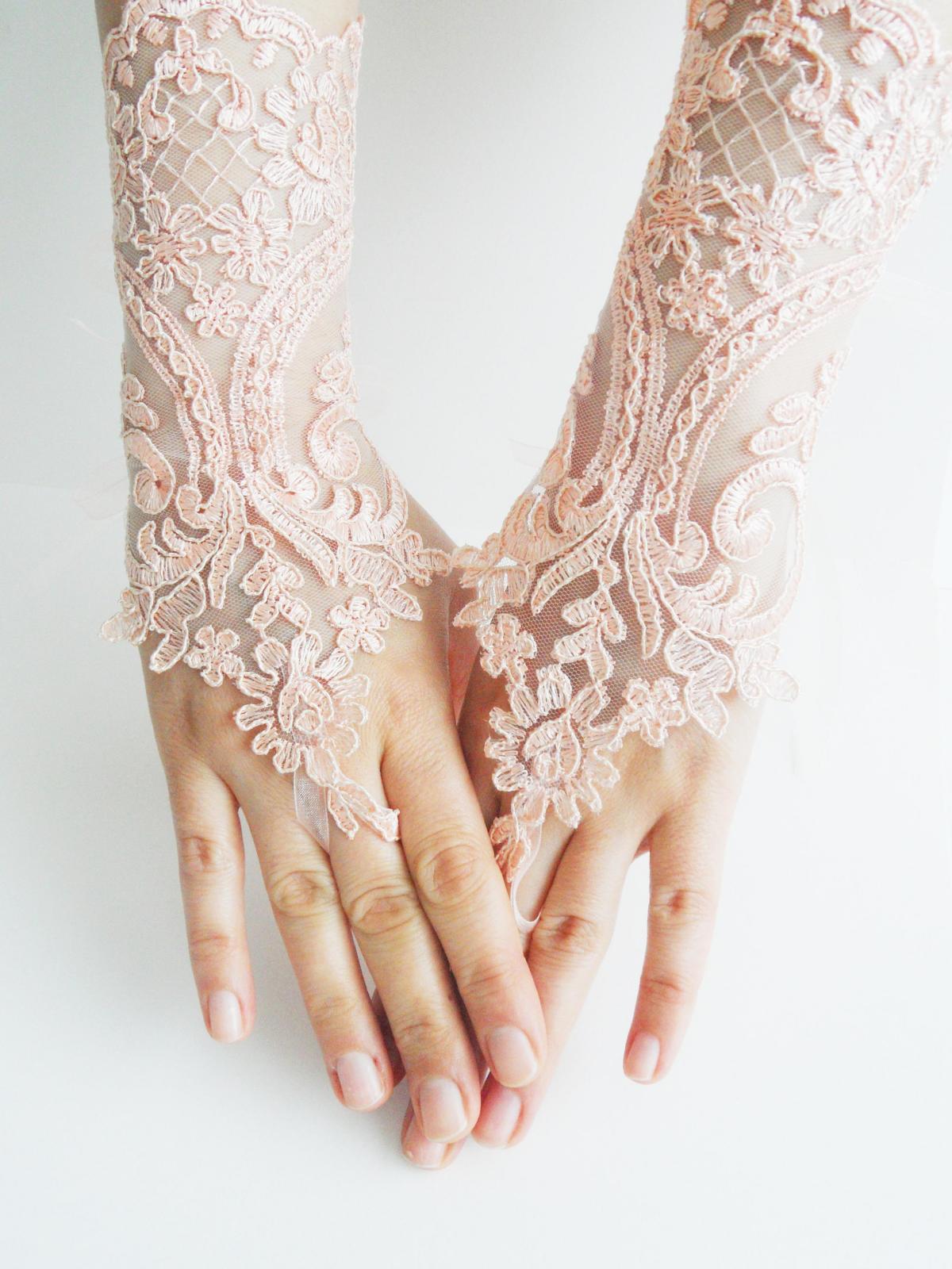 Lace Gloves, Soft Peach Pink Wedding Gloves, Bridal Gloves, Fingerless Gloves, Salmon, Pink Light, Orange Gloves